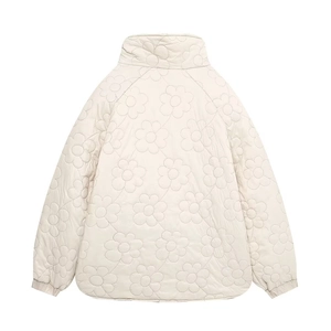 Women's cream floral quilted jacket with a stand collar and elegant back view design