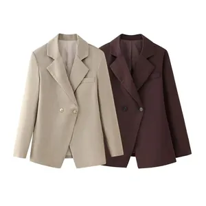 Women Elegant Double Breasted Blazer Long Sleeve Solid Color Slim Fit Notched Lapel Suit Jacket Professional Office Lady Outerwear