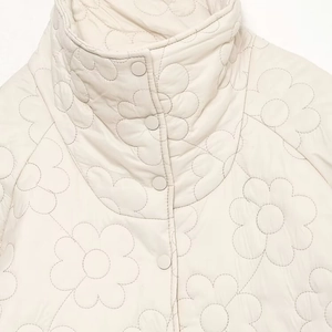 Women's light cream jacket with 2024 floral quilted pattern and high collar
