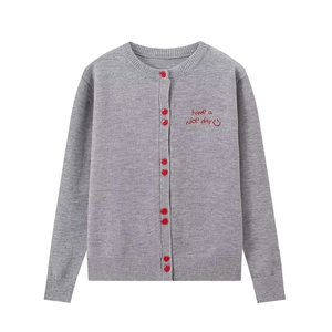 Grey knit cardigan with red buttons and embroidered 'have a nice day' text on white background