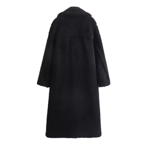 Detail view of the back of a black long fleece coat with a textured sherpa finish