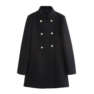 Elegant black double-breasted wool blend coat with gold buttons and stand collar
