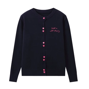 Women's navy blue knit cardigan with heart buttons and pink letter embroidery