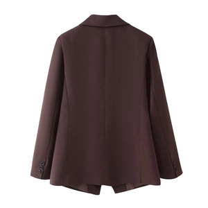 Back view of a stylish chocolate brown women blazer with decorative cuff buttons
