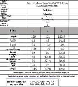 Size chart table for long deep red polyester coat with detailed measurements and care info