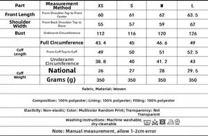 Size chart detail for women animal print jacket showing measurements in centimeters