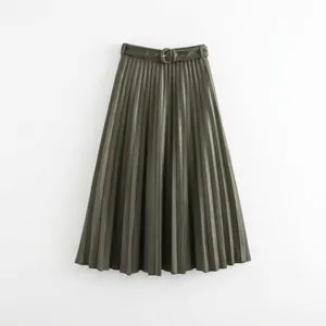 Jupe Midi Plissée Effet Daim pour Femmes Taille Haute Ligne A Jupe Longue Avec Ceinture Décontractée Mode