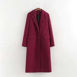 Detail showing notch lapel and dark buttons on burgundy long coat for women
