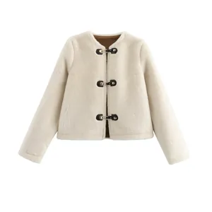 Veste en Fausse Fourrure Street Fashion pour Femmes Blanc Cassé Automne Hiver Chaud Col Rond Manteau Court Crochet Métallique Boucle en Cuir