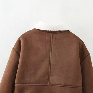 Women's brown faux suede jacket with white fleece collar shown from the back view