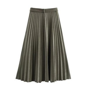 Jupe midi plissée taille haute élégante en vert olive foncé avec texture suédine