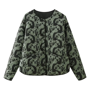 Detail of army green quilted jacket with abstract print and sleek snap button closure