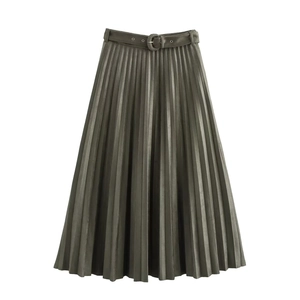 Jupe midi plissée élégante effet daim vert foncé avec taille haute et ceinture assortie