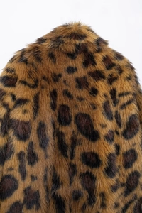 Close-up detail of leopard print faux fur texture on a warm winter fashion coat