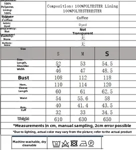 Detailed size chart for women jacket showing S M L measurements in polyester fabric