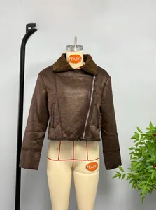 Detail of faux suede biker jacket featuring dark brown shearling collar and side zipper