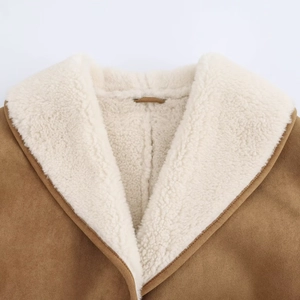 Women's brown faux suede coat with white shearling lapel collar for autumn and winter