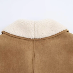 Women's street style camel suede mid-length coat with white faux shearling collar