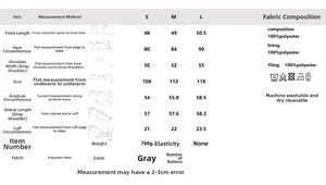 Tableau des tailles détaillé pour veste en coton avec mesures en centimètres
