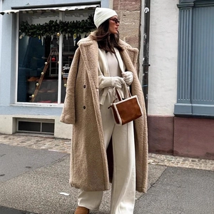 Women Fashion Long Teddy Bear Coat Fleece Faux Fur Double Breasted Lapel Jacket Warm Winter Streetwear Outerwear