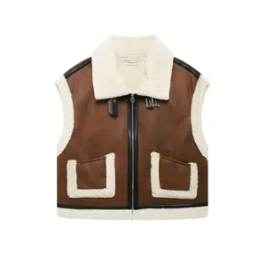 Women Retro Faux Shearling Moto Vest Sleeveless Aviator Jacket Gilet Zip Up Suede Fleece Lined Waistcoat Outerwear