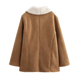 Women's brown faux suede coat with white shearling collar for autumn and winter fashion
