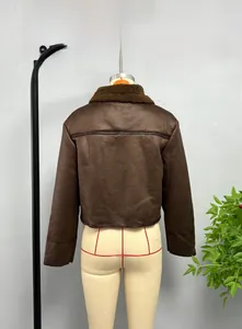 Back view of a short dark brown faux shearling aviator jacket with thick fur collar