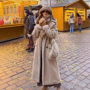 Women's long beige teddy fleece coat set with matching bucket hat and chain shoulder bag