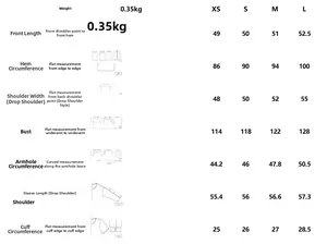 Tableau des tailles détaillé avec mesures pour veste de mode urbaine pour femmes