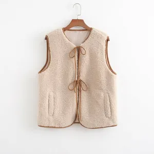 Women's Casual Sherpa Fleece Vest Contrast Trim Round Neck Tie Front Sleeveless Waistcoat Warm Outerwear Solid Color Top