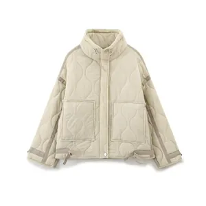 Veste Matelassée Ondulée Femme Légère Col Montant Zippé Vêtement Rembourré Poches Décontracté Streetwear Beige Manteau Automne