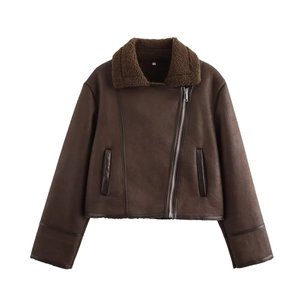 Detail of faux leather biker jacket with teddy wool collar and silver zip closure