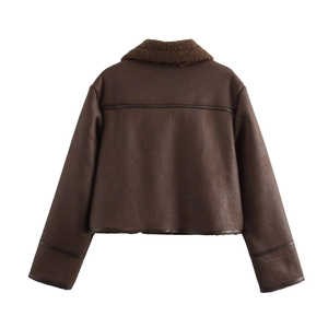 Rear view of brown cropped jacket with faux suede texture and leather stitch detailing