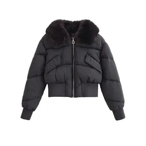 Veste Rembourrée Courte Pour Femmes Avec Col En Fausse Fourrure Amovible Noir Uni Manteau Matelassé Streetwear Décontracté Outwear