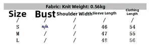 Size chart for knit cape coat showing dimensions in cm for sizes small, medium and large