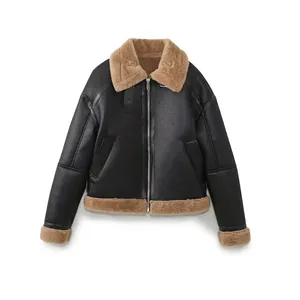 Blouson Aviateur Femme en Similicuir Doublé Peau Lainée Court Manteau Moto Biker Revers Fermeture Éclair Chaud Hiver