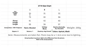Detailed size chart for the women knitted top showing measurements in S, M and L sizes