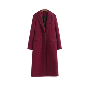 Women Elegant Burgundy Long Coat Single Breasted Notch Lapel Polyester Woolen Like Overcoat Autumn Winter Fashion Outerwear