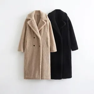 Women's double-breasted long teddy coat with lapel collar in beige and black fleece