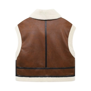 Back view of a brown aviator vest with white faux shearling trim and black leather accents