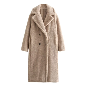 Beige long fleece teddy coat with classic lapel collar and double-breasted buttons