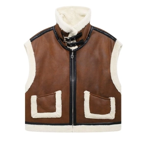 Women brown suede vest with white faux shearling lining and motorcycle buckled collar