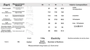 Detailed size chart for the dark brown faux leather biker jacket with measurements