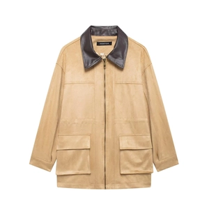 Detail of color-block leather collar and cargo pockets on a camel faux suede jacket