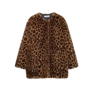 Cappotto da Donna in Pelliccia Sintetica Leopardata Girocollo Manica Lunga Caldo Autunno Inverno Casual Streetwear Giacca