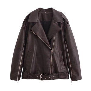 Detailed view of dark brown faux leather biker jacket with asymmetric zipper and belt