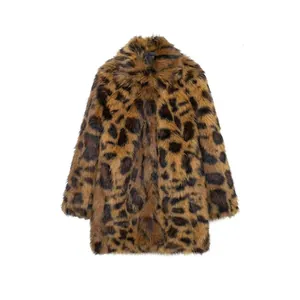 Women's Street Fashion Leopard Print Faux Fur Coat Autumn Winter Long Sleeve Lapel Single Breasted Warm Shaggy Jacket
