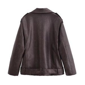 Back view of a dark brown faux leather biker jacket with shoulder straps and hem belt