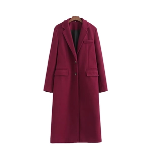 Elegant wine red long wool coat featuring classic notched lapels and flap pockets
