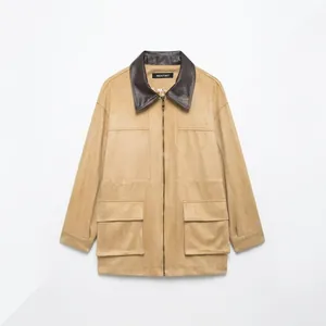 Women's faux suede utility jacket with contrast collar and large pockets in khaki